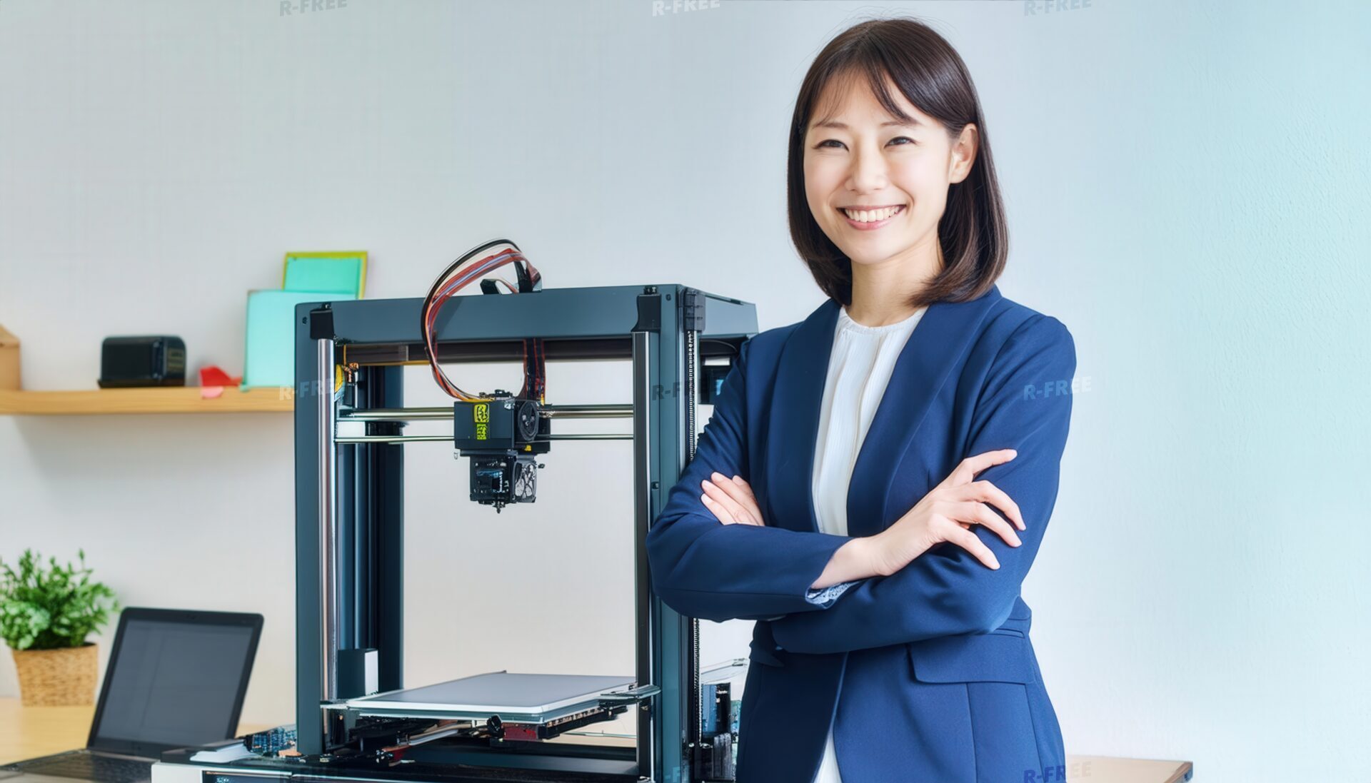 3Dプリンターと白いシャツの女性