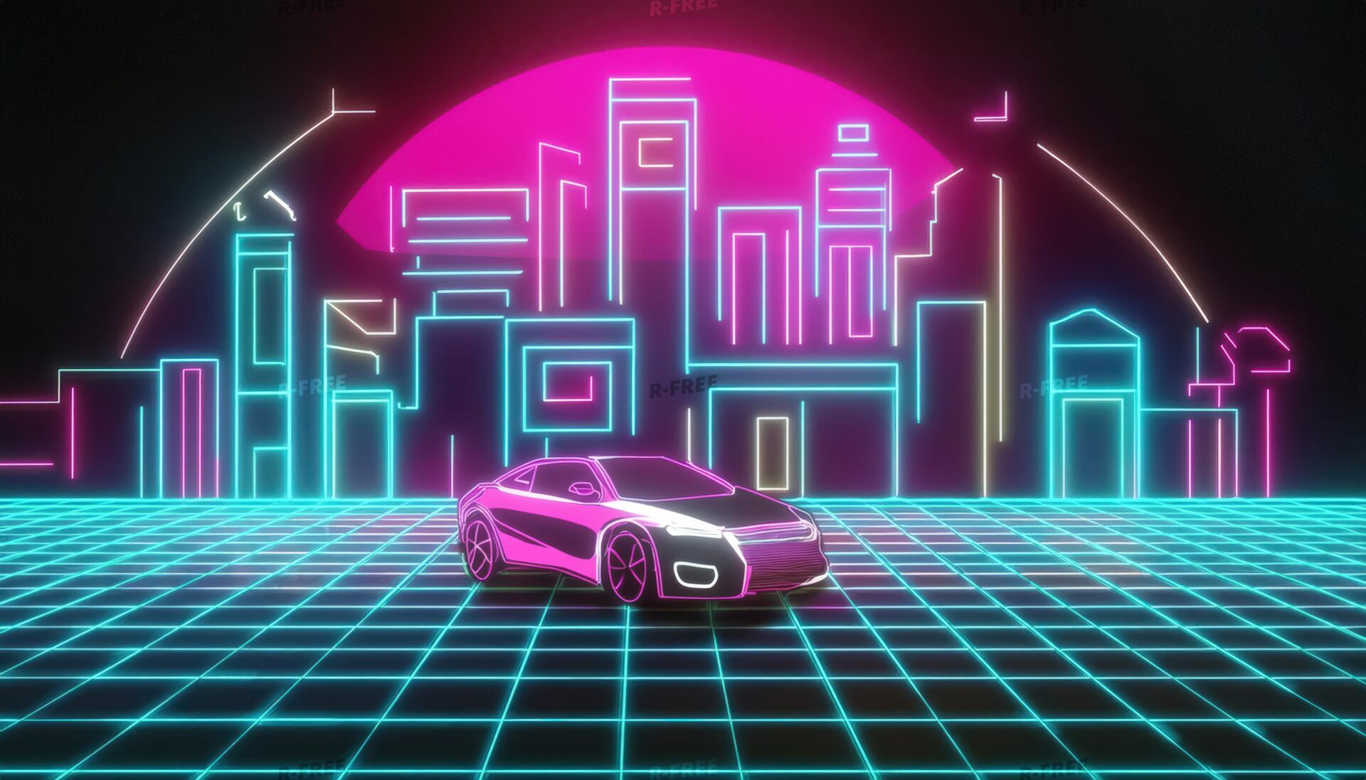 ネオンライトと近未来的な都市と車