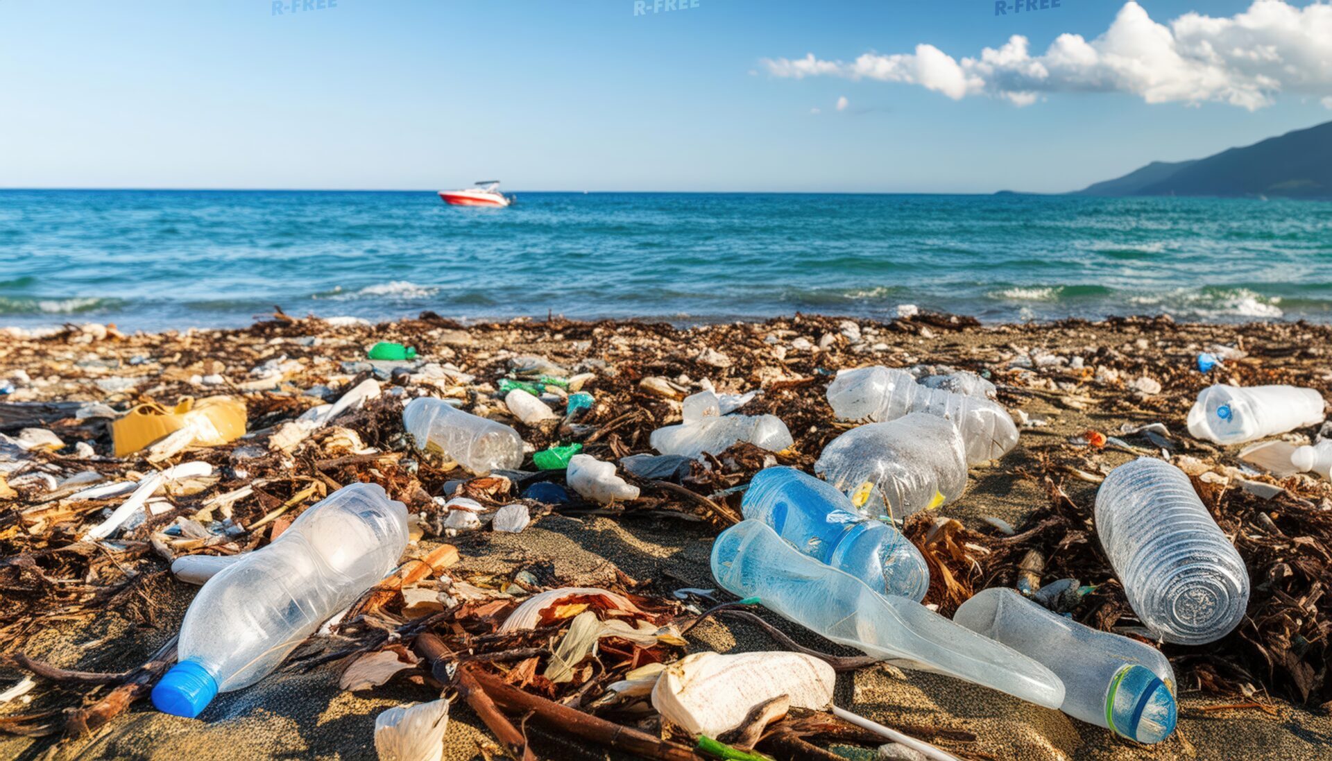 プラスチックごみが散乱する海岸線