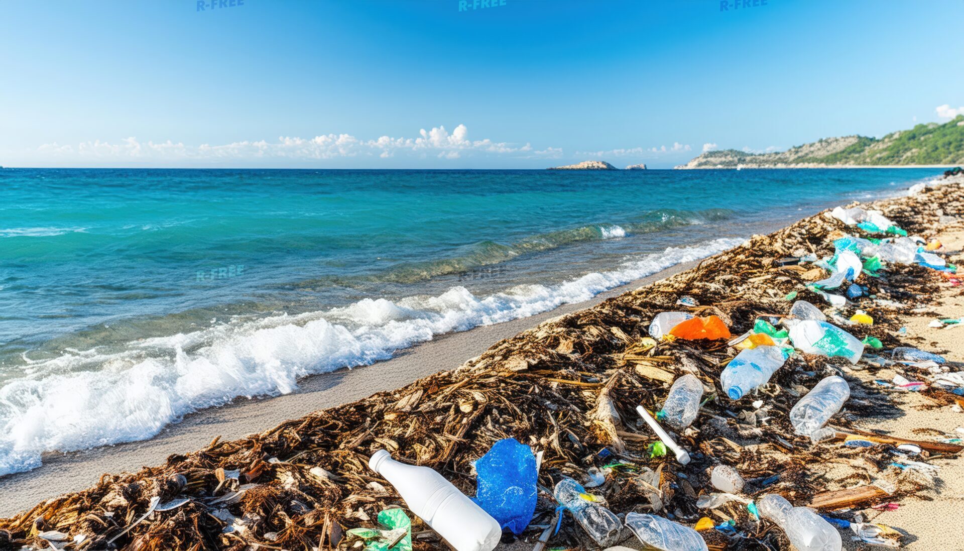 海岸に積もった漂流物とプラスチック