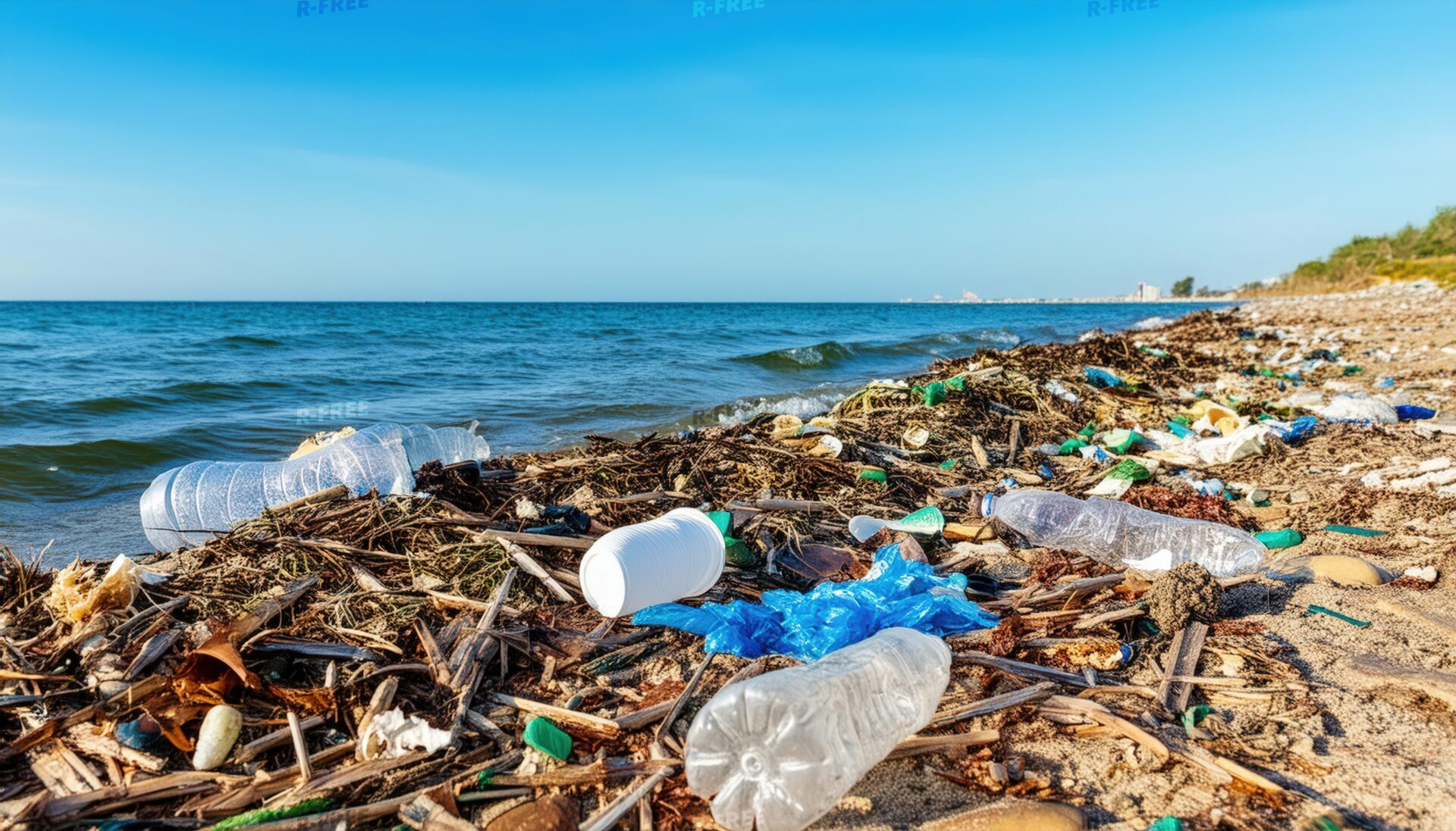 海岸線に広がるプラスチックと漂流物