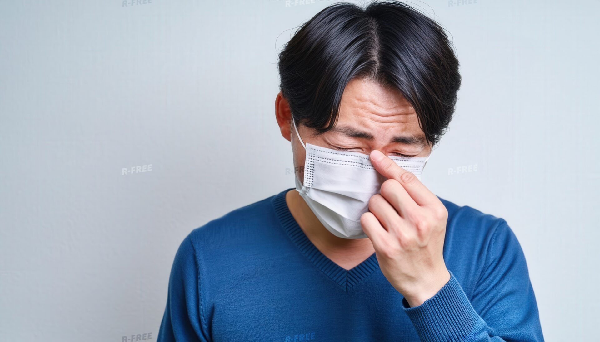 花粉症に苦しむマスクを着用した男性