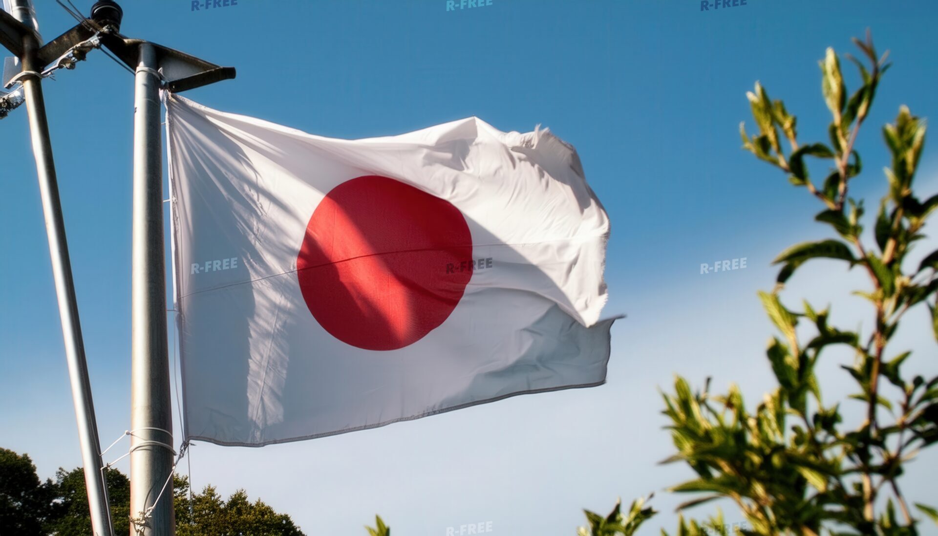 日本の国旗と風に揺れる木々