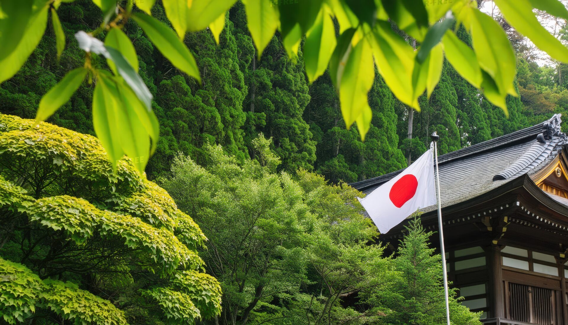 日本国旗と木々に囲まれた神社
