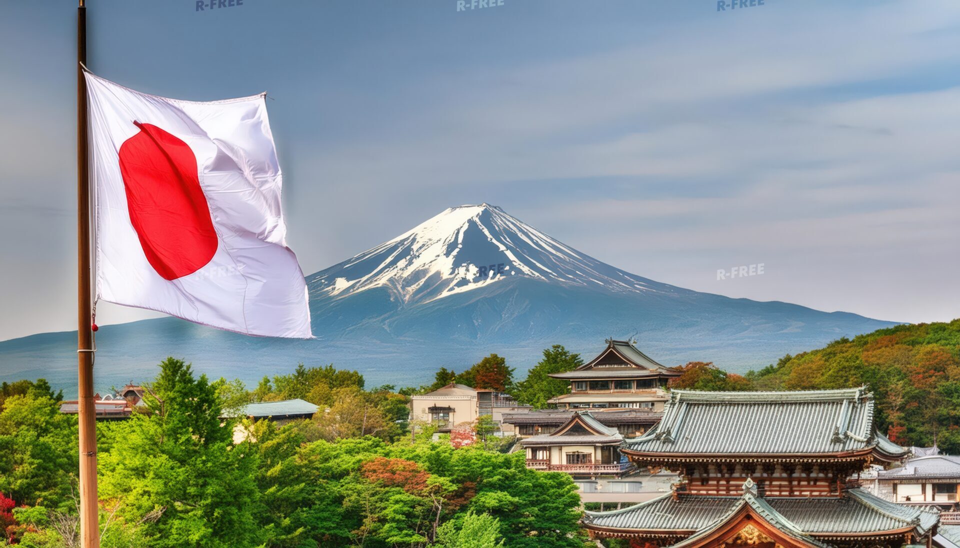 日本国旗と富士山のシルエット
