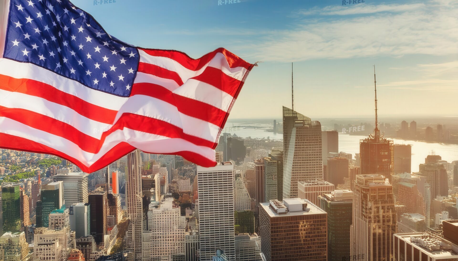アメリカ国旗がそびえる都市の景色