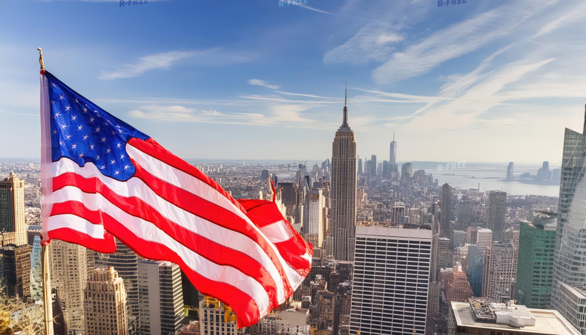 高層ビルとアメリカ国旗のコントラスト