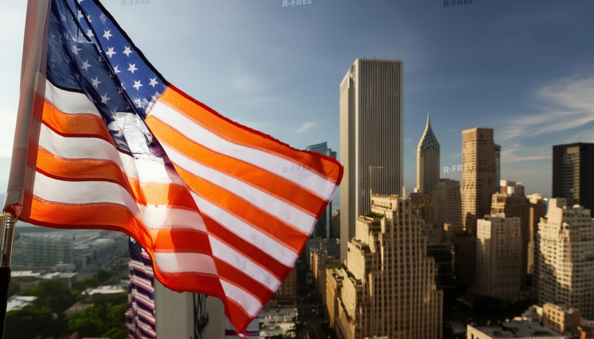 アメリカ国旗が都市の景色とともに揺れる