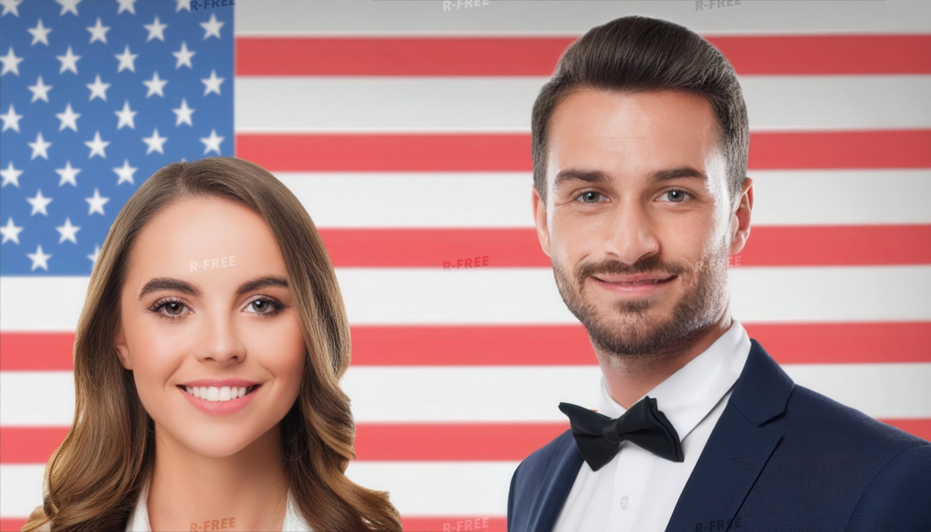 アメリカ国旗を背景に並ぶ男女