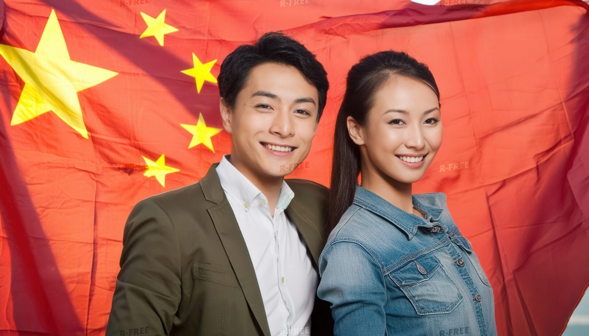 中国国旗の前で笑顔のカジュアルな2人