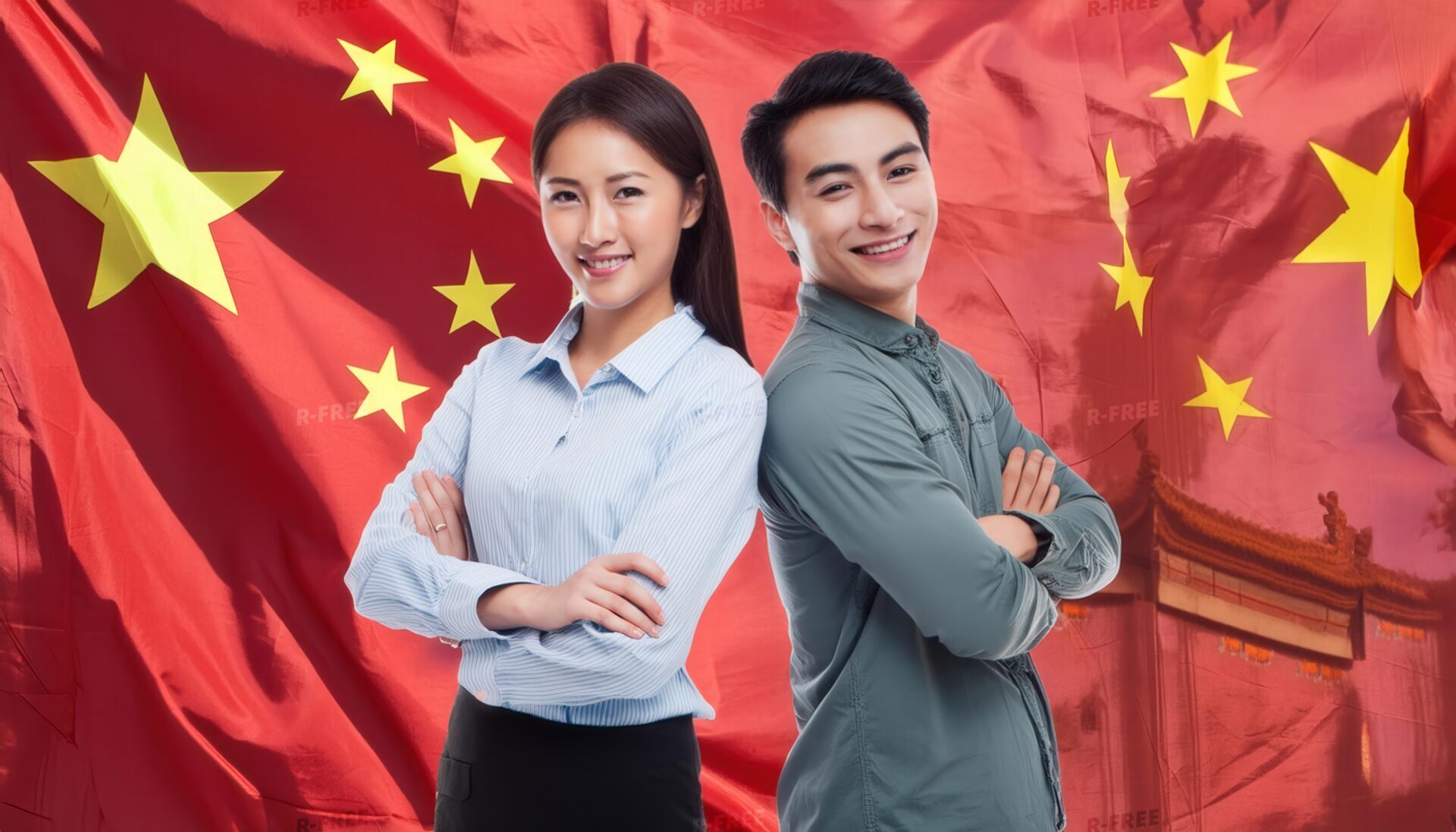 中国国旗の前でポーズを取る2人