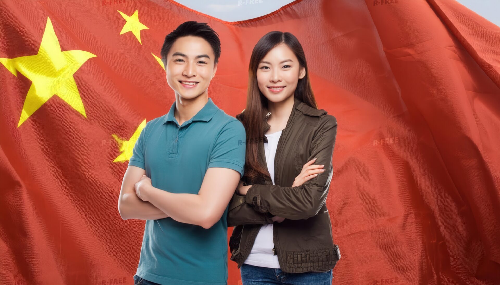 中国の旗の前に立つ男女のペア