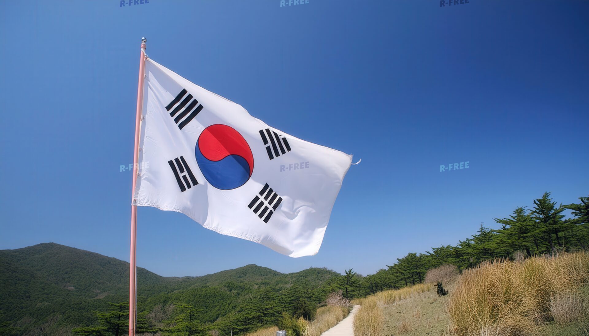 青空の下の韓国の国旗