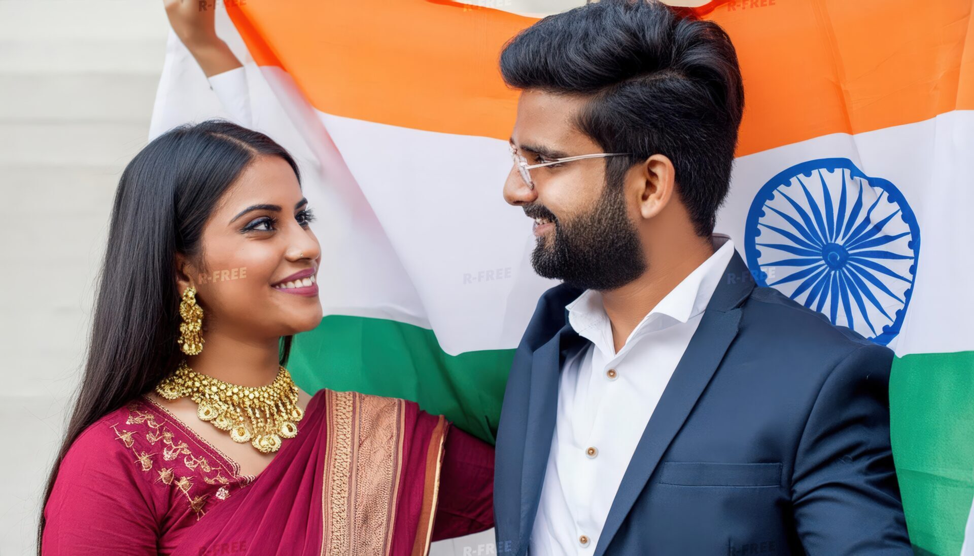インド国旗を背景に微笑み合うサリー姿の女性と男性