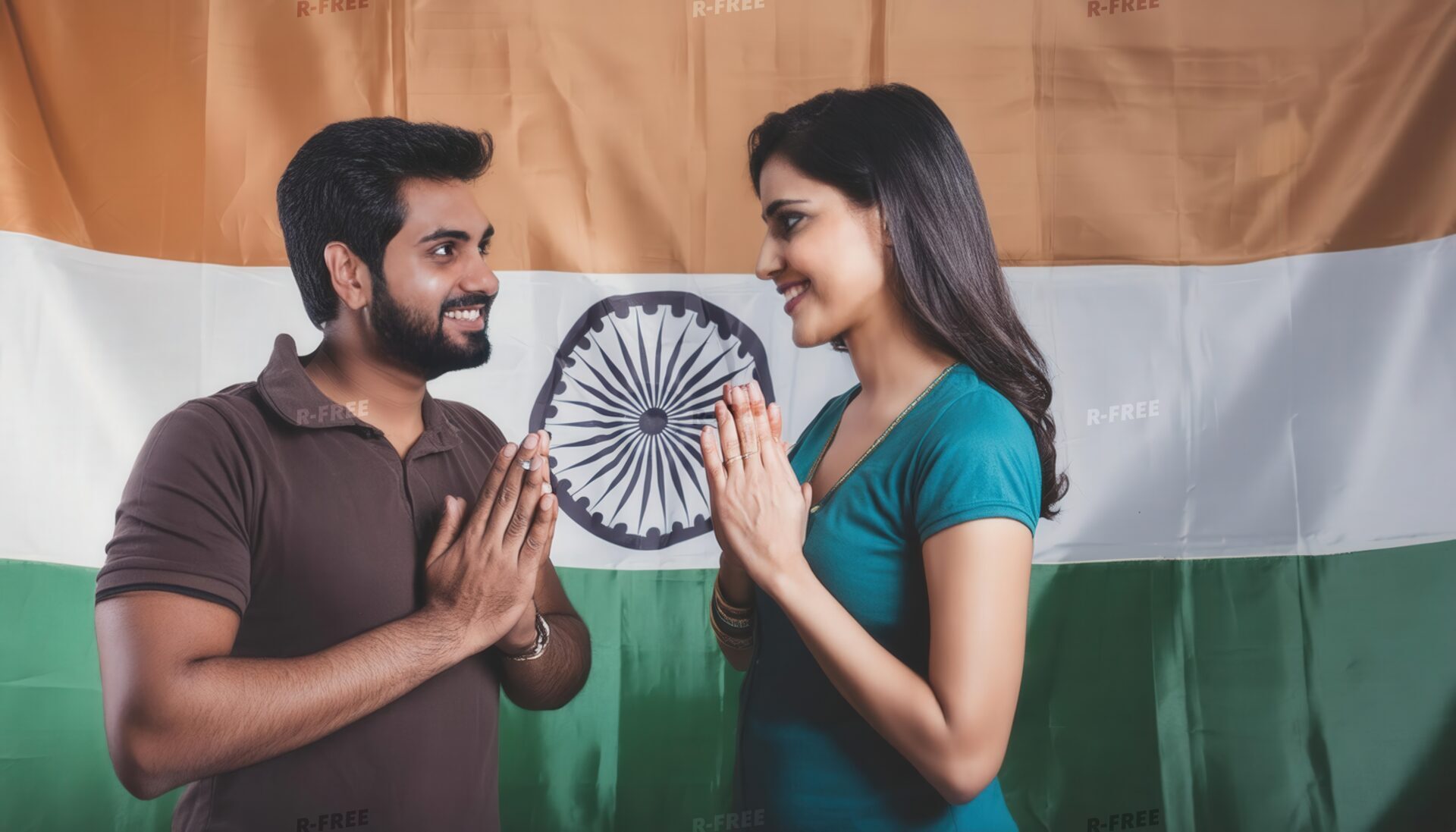 インド国旗の前でナマステの挨拶をする男女