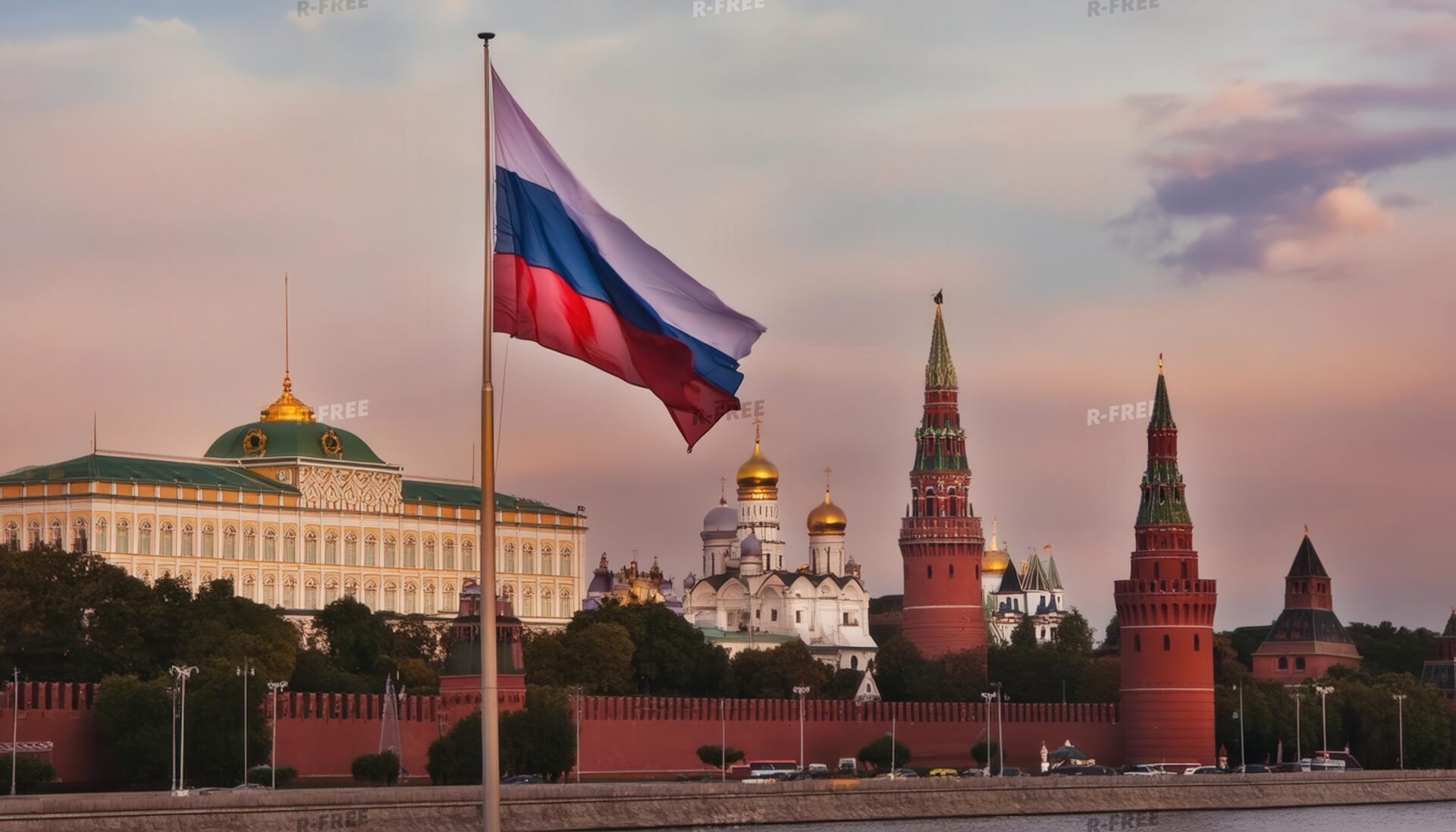 ロシア国旗とクレムリンの夕景