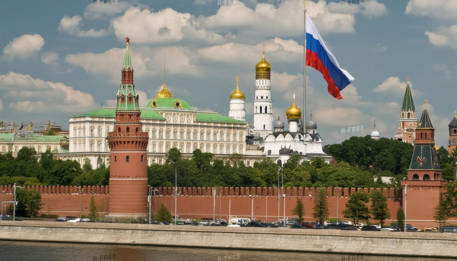 ロシア国旗とクレムリンの昼の景色