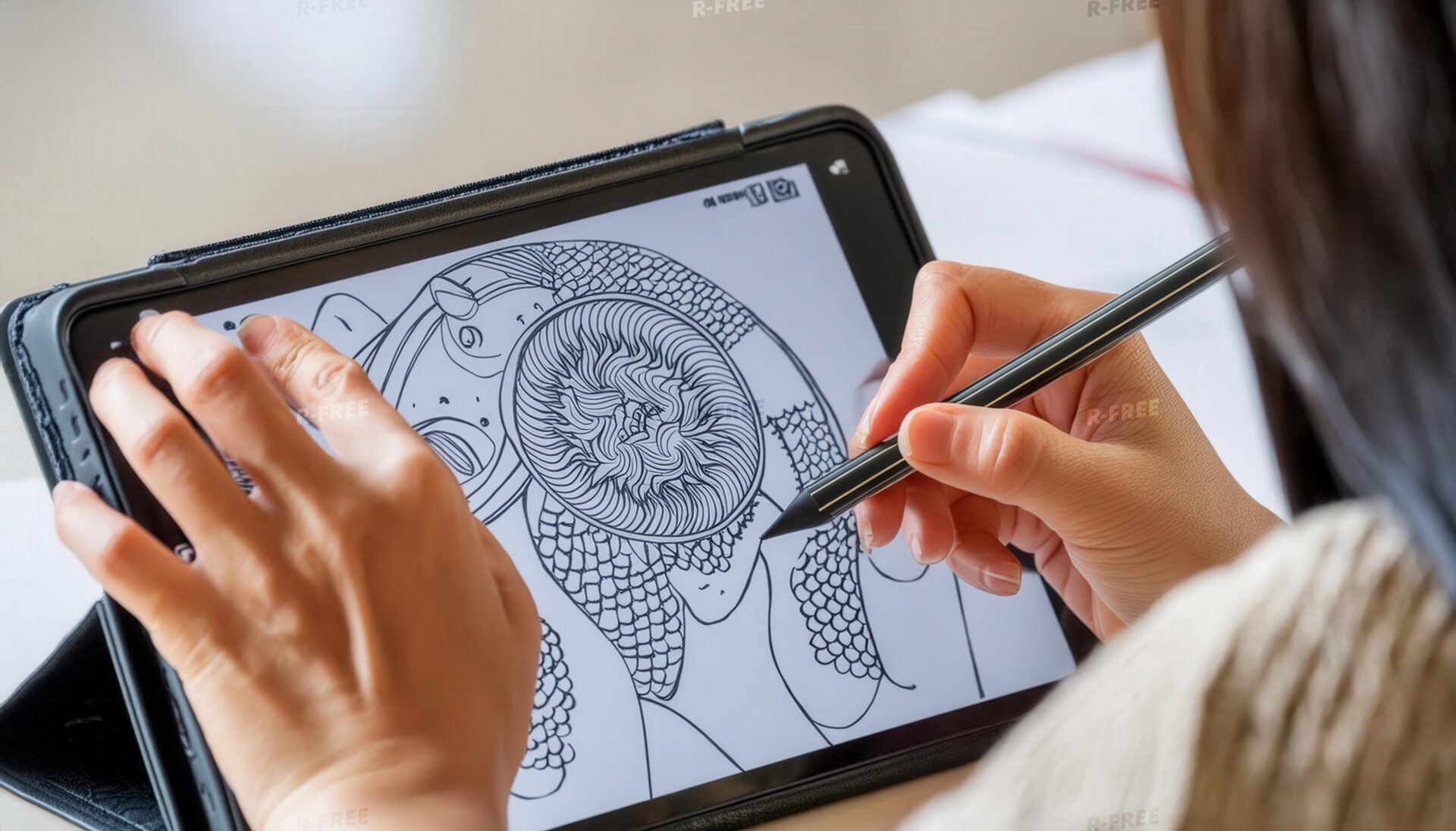 タブレットでデジタルイラストを描く手元