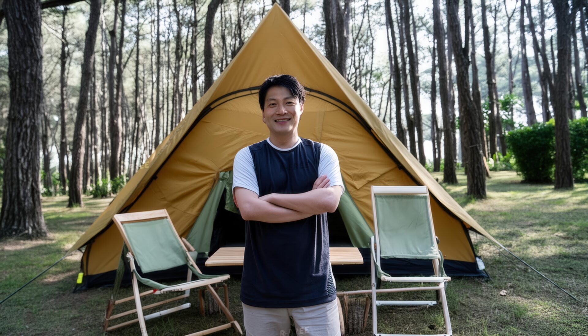 森の中でテントの前に立つ笑顔の男性