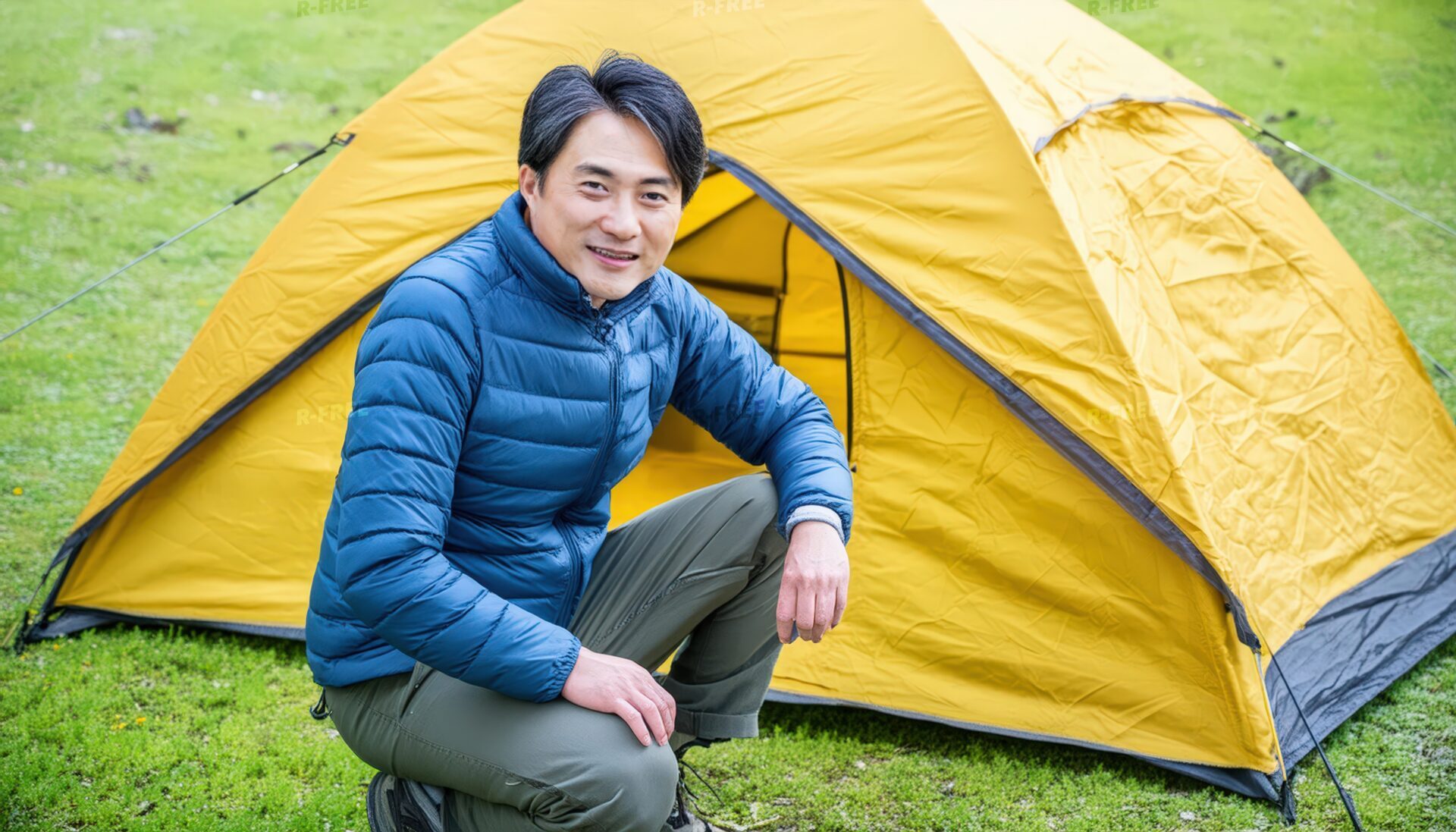 キャンプ場で黄色いテントの前に座る男性・しゃがんで微笑む