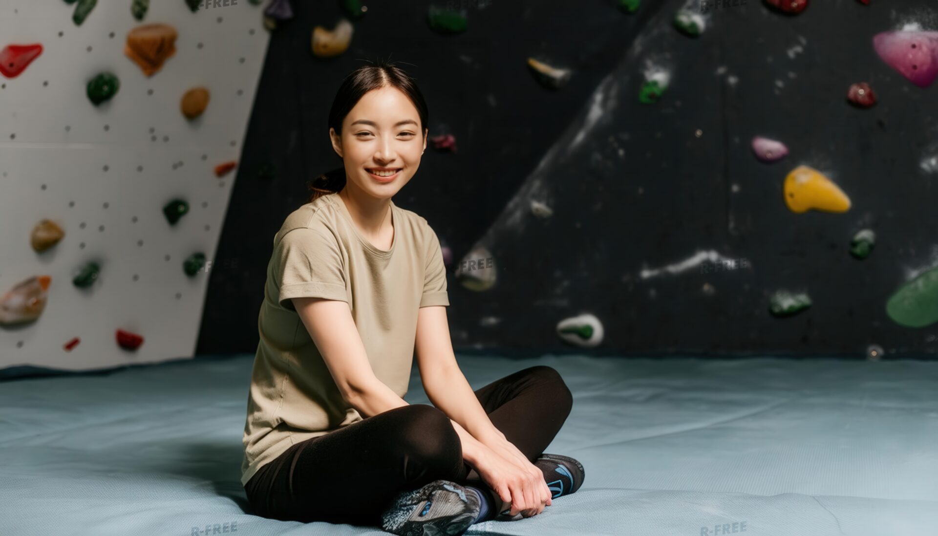 ボルダリングマットで休憩する女性