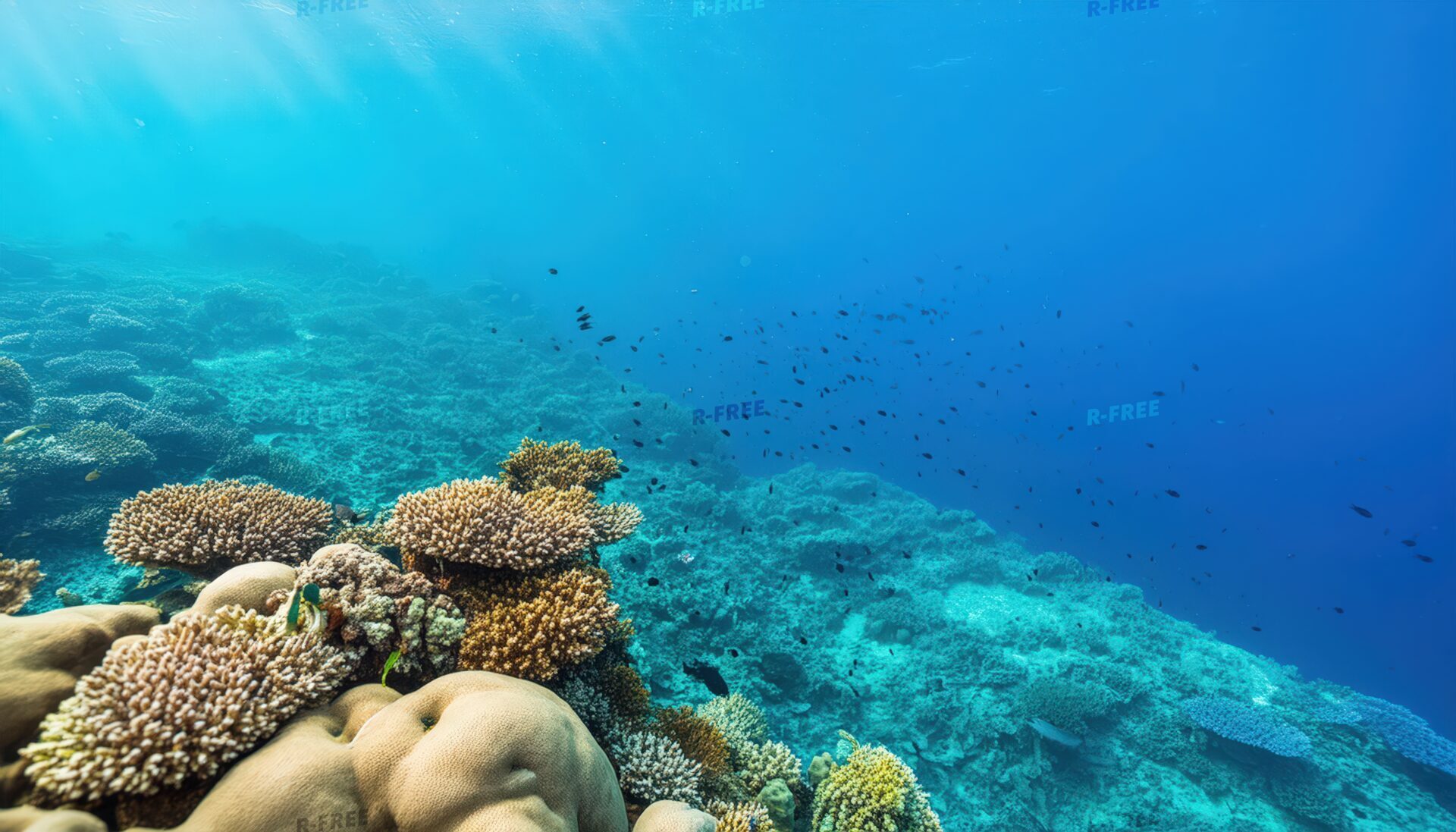 群生するテーブルサンゴと黒い魚の群れが泳ぐ青い海