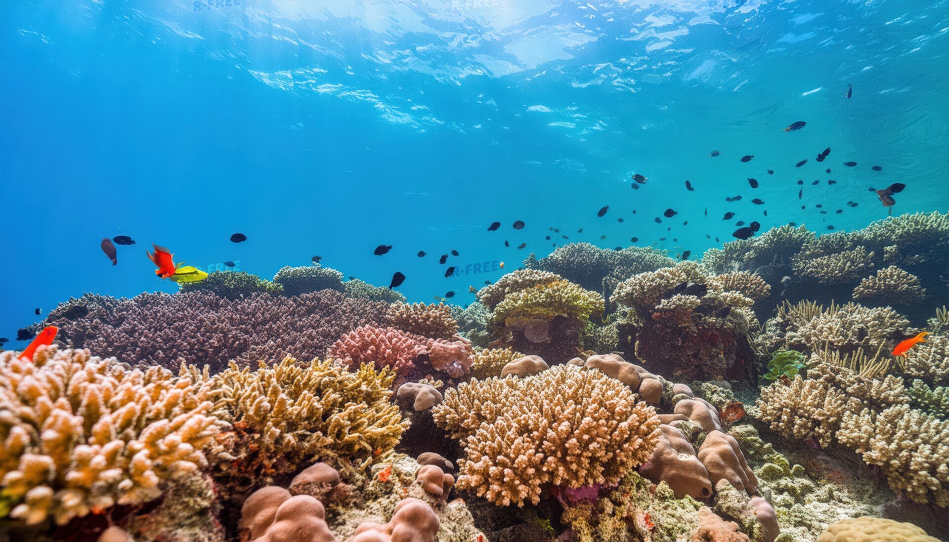 太陽光が筋状に差し込むサンゴ礁とオレンジ色の魚