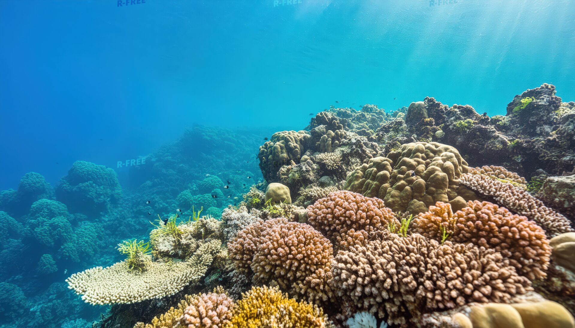 密生する多様なサンゴ礁と深い青へ泳ぐ小魚の群れ