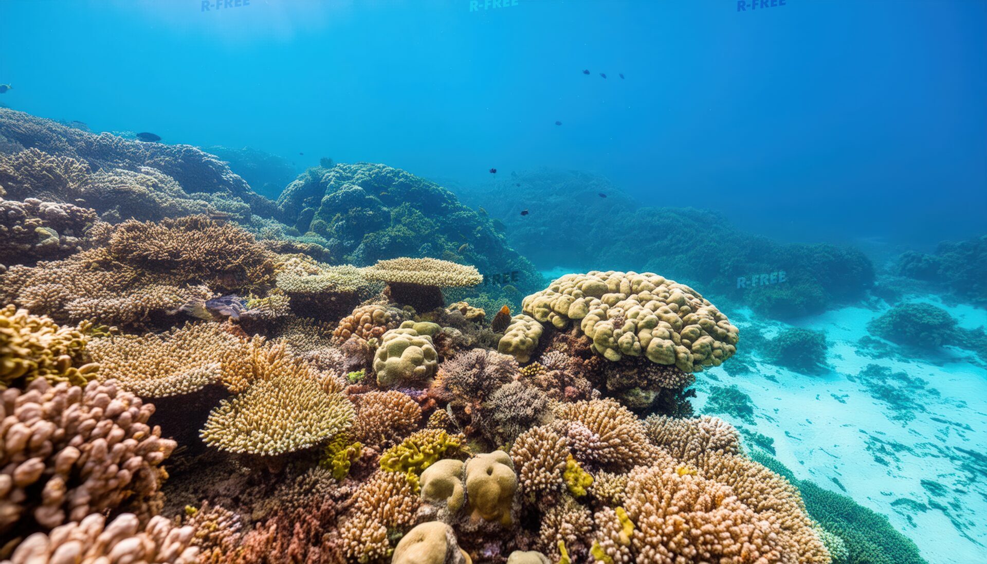 白い砂地と魚の影が広がる深い青色のサンゴ礁