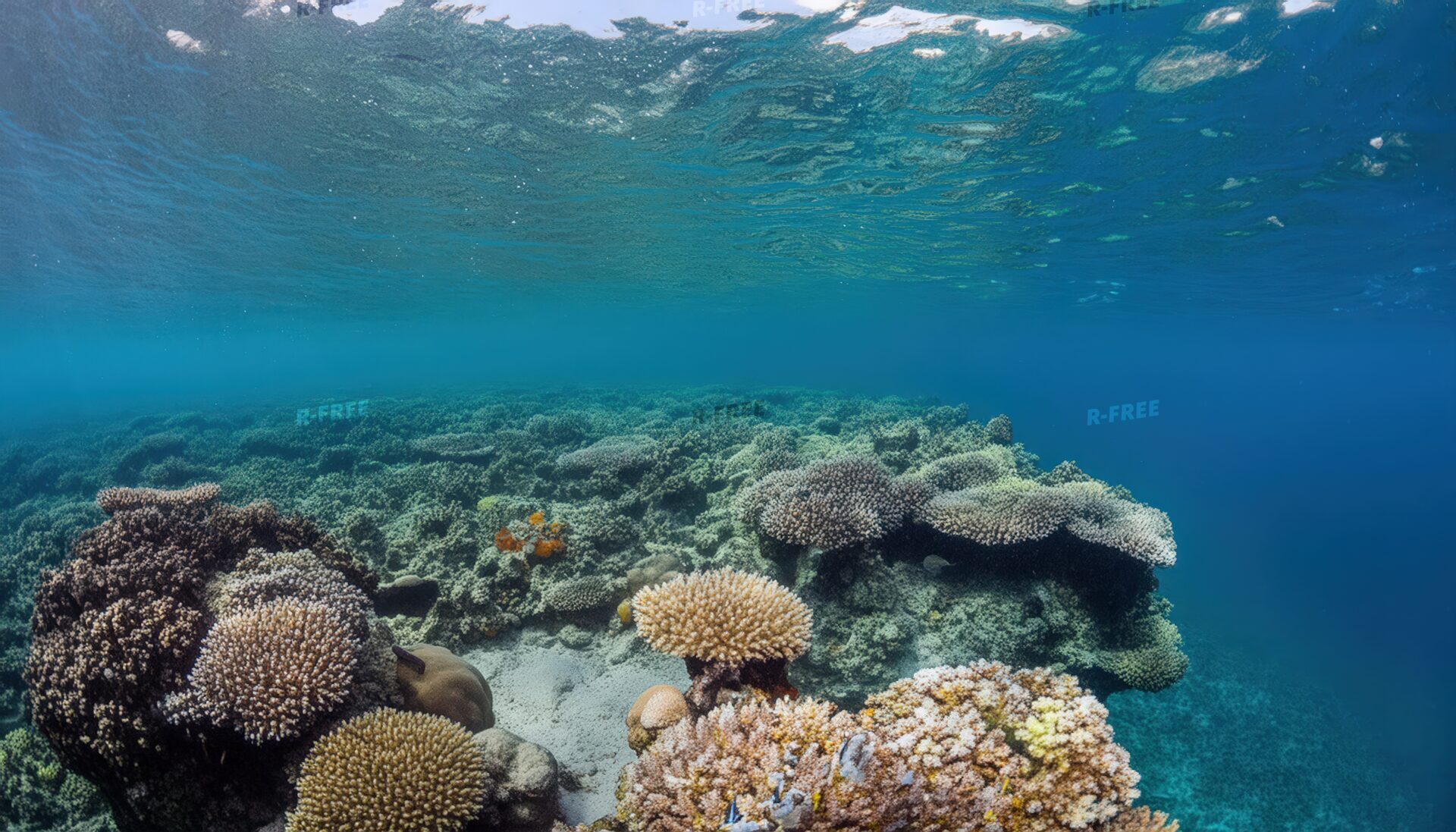 砂地と岩場が混ざる海底に広がる多様なサンゴ礁