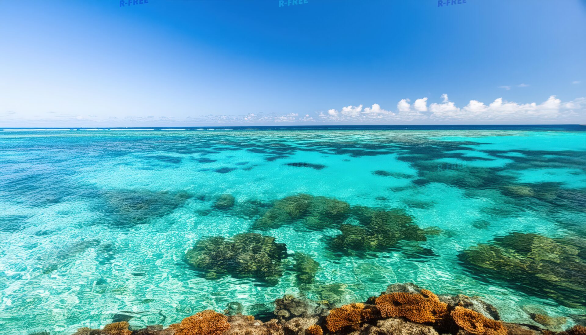 エメラルドグリーンの海と水平線を望む南国のサンゴ礁