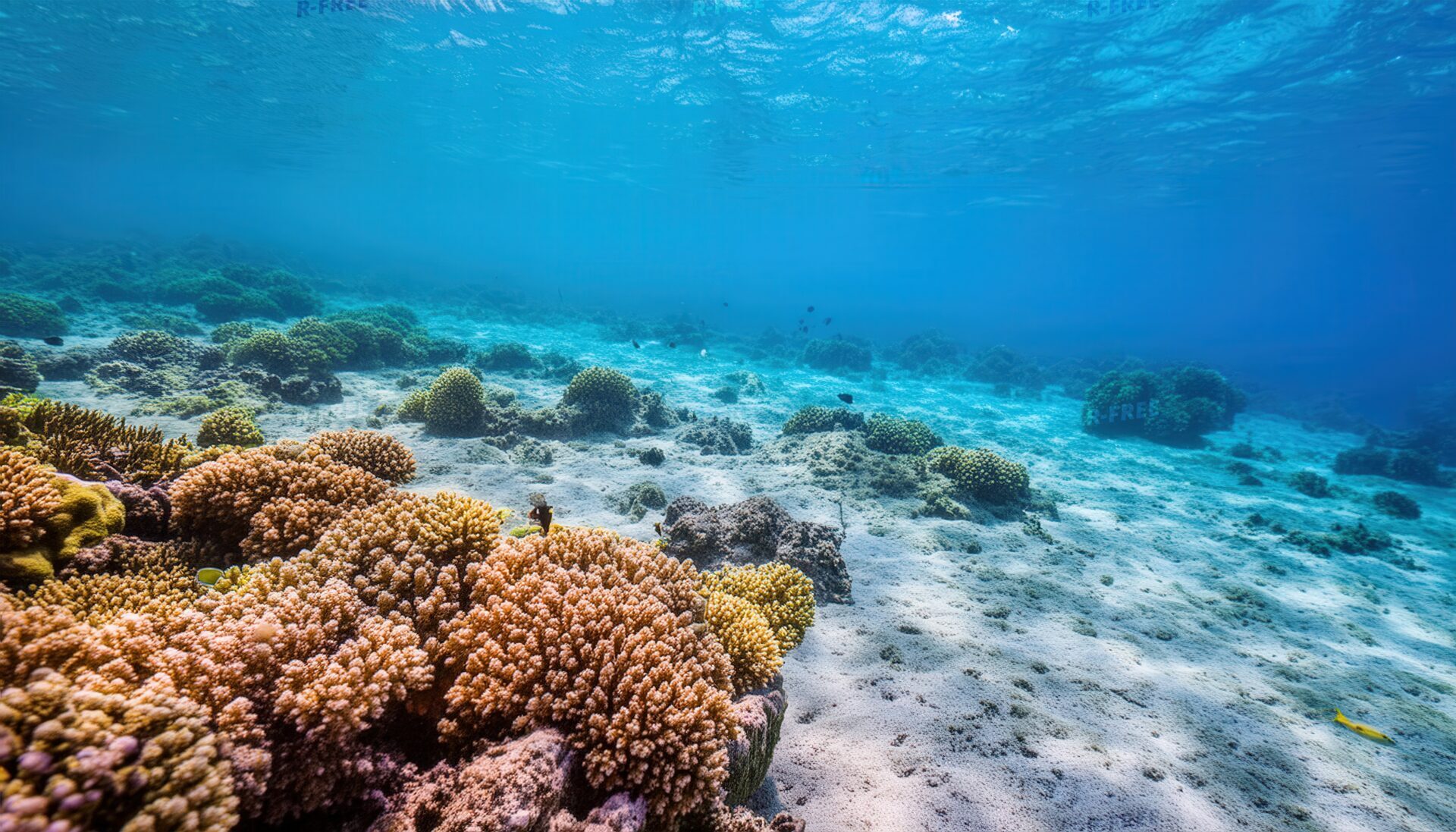 白い砂地に光の波紋が映るオレンジ色のサンゴ礁