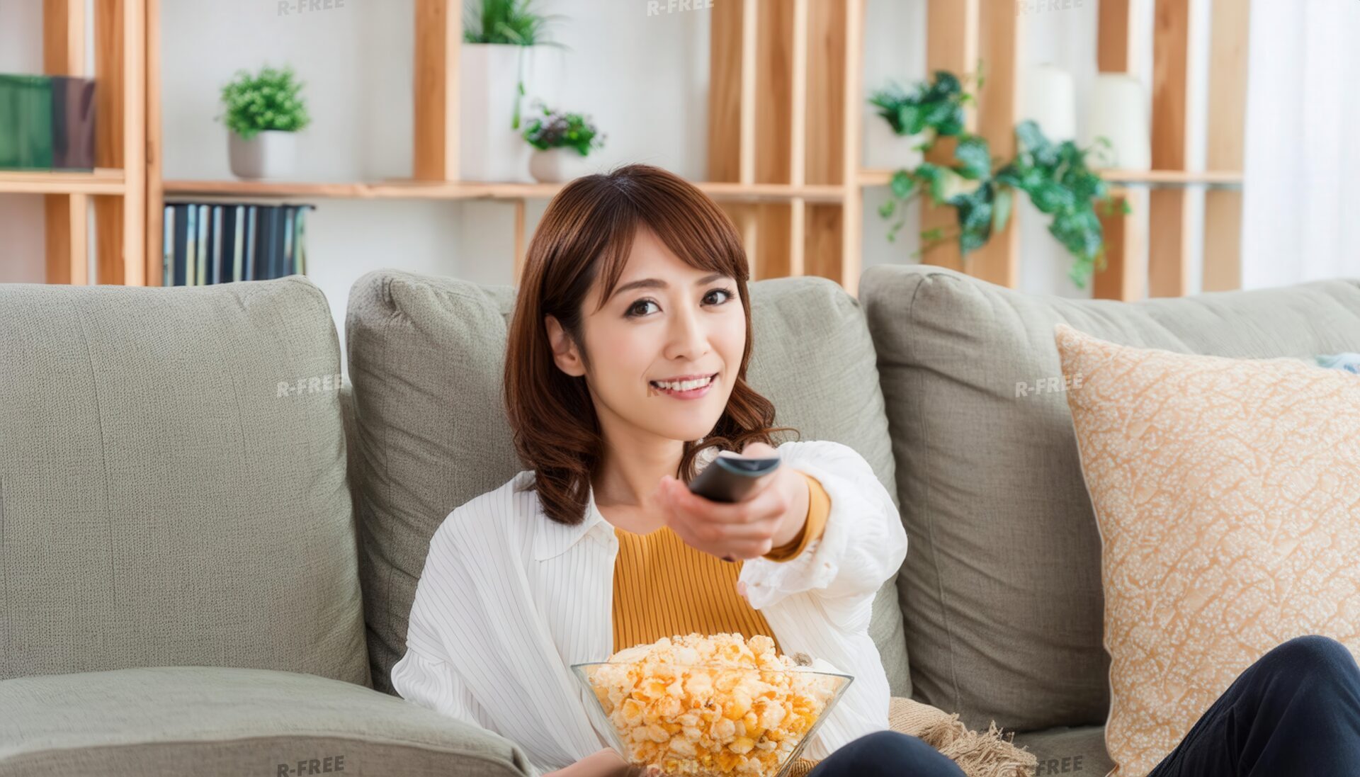 リモコンとポップコーンを持つ女性