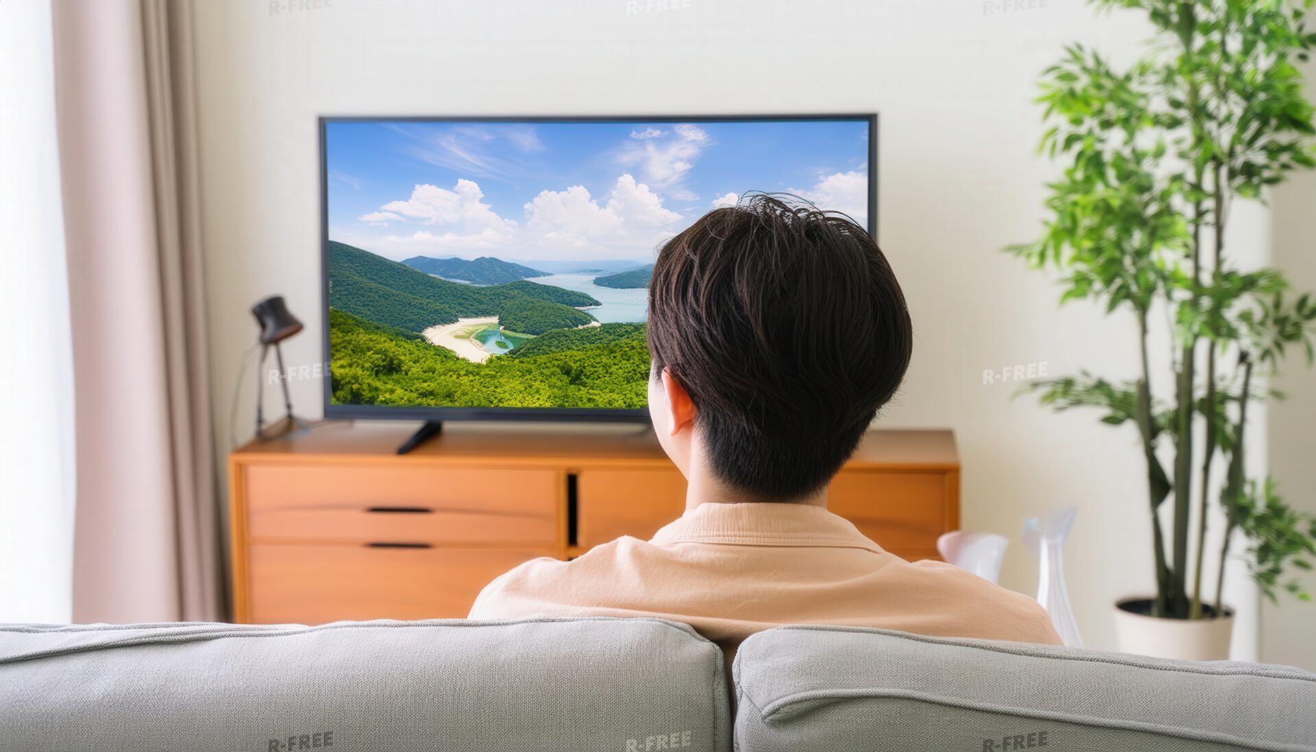 テレビで山と海の風景を観る男性
