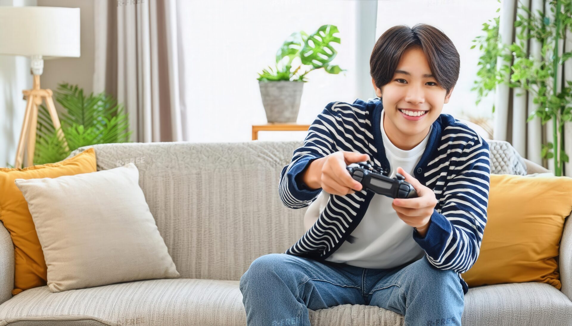 ソファでゲームをする若者