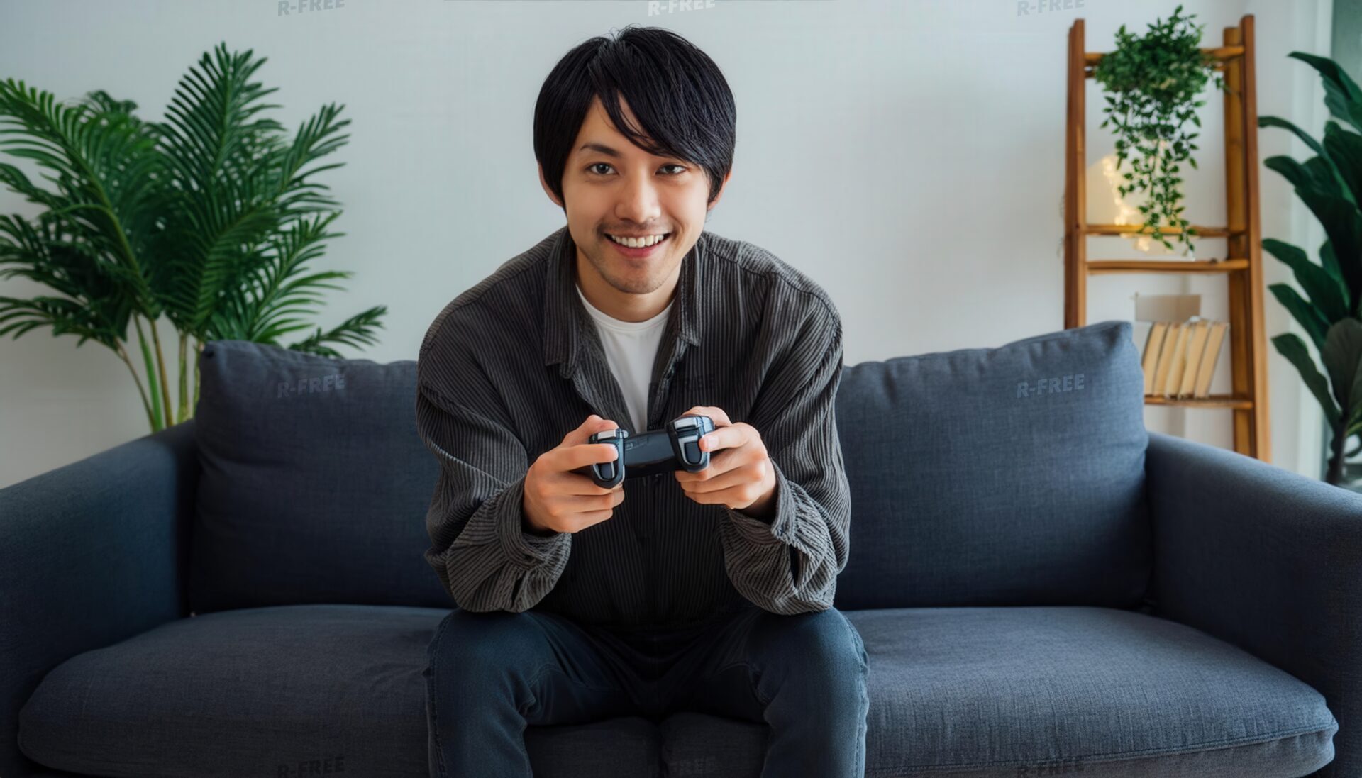 ソファで笑顔でゲームを楽しむ落ち着いた服装の20代男性