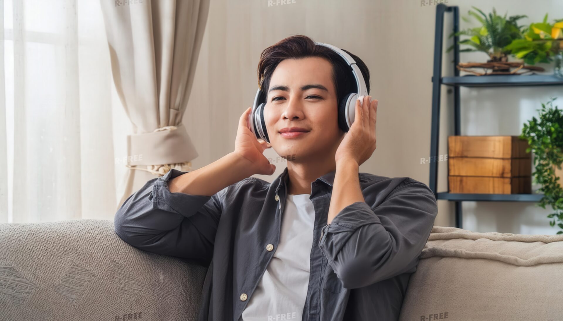 ソファで音楽を楽しむ穏やかな表情の男性と観葉植物