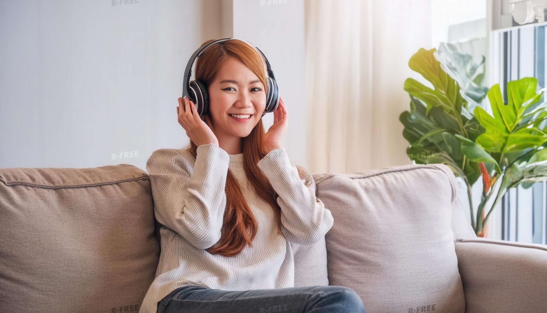 正面を見つめ笑顔で音楽を楽しむ女性（ベージュのニット）