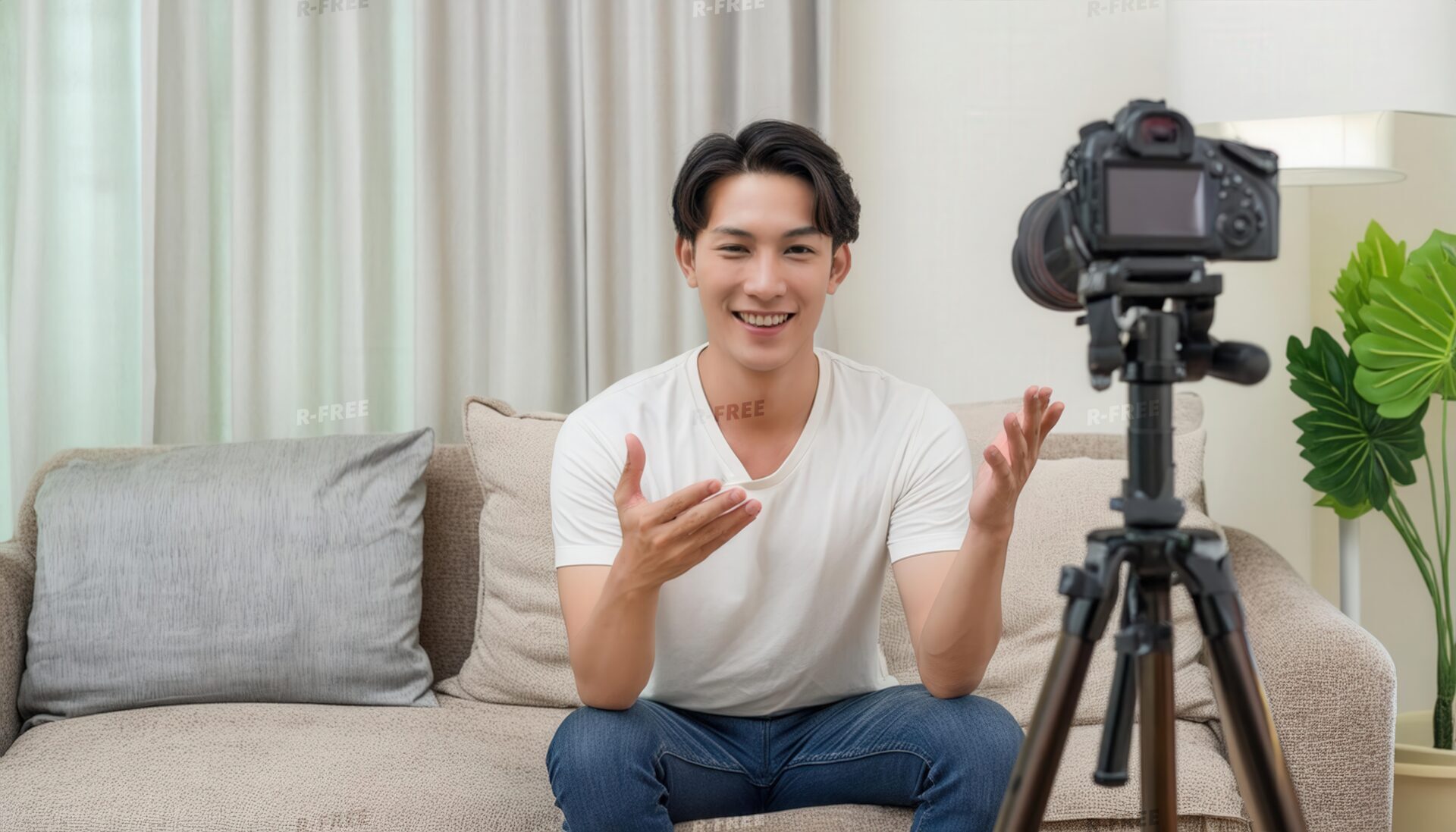 自宅で動画撮影をする男性