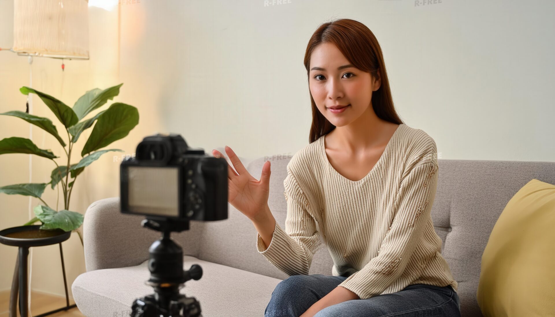 三脚カメラに笑顔で手を振るベージュニットの女性