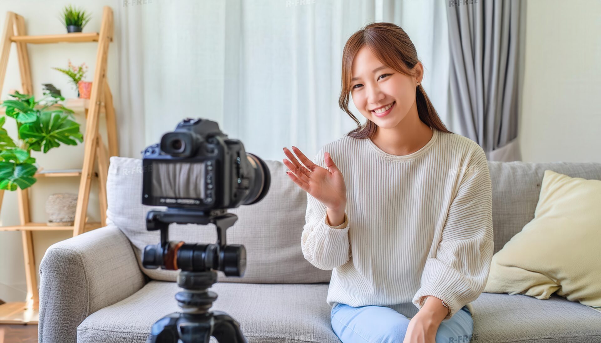 一眼レフカメラに手を振る自然光の女性