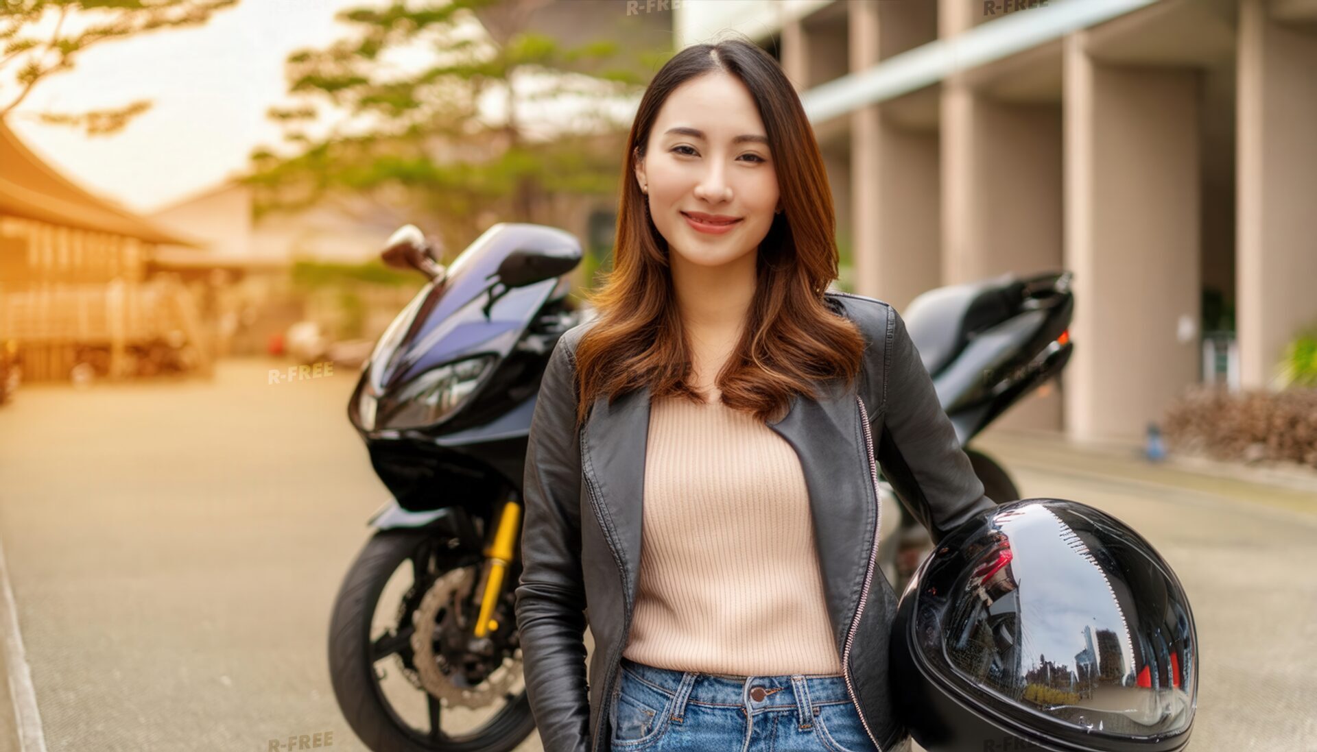 夕日を背景にバイクと女性