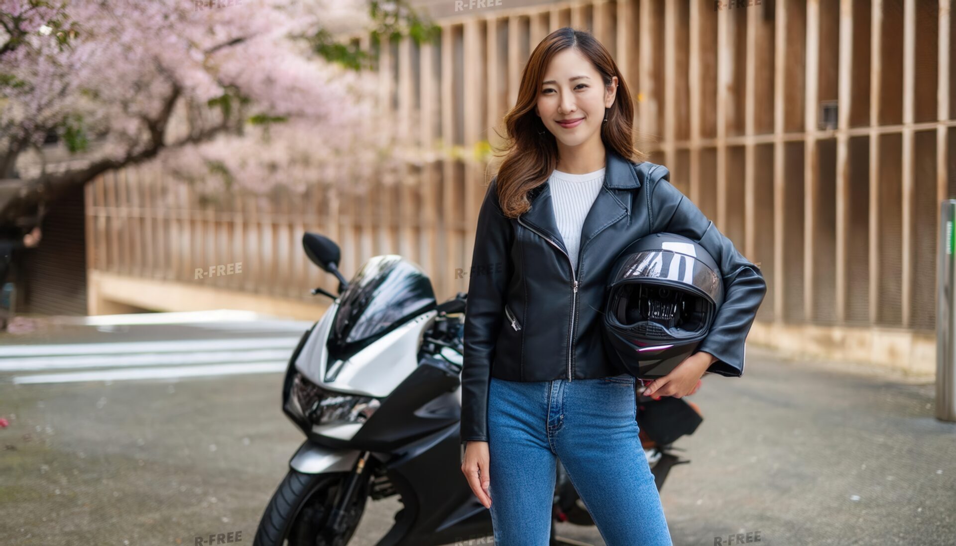 桜を背景にバイクとポーズを取る女性