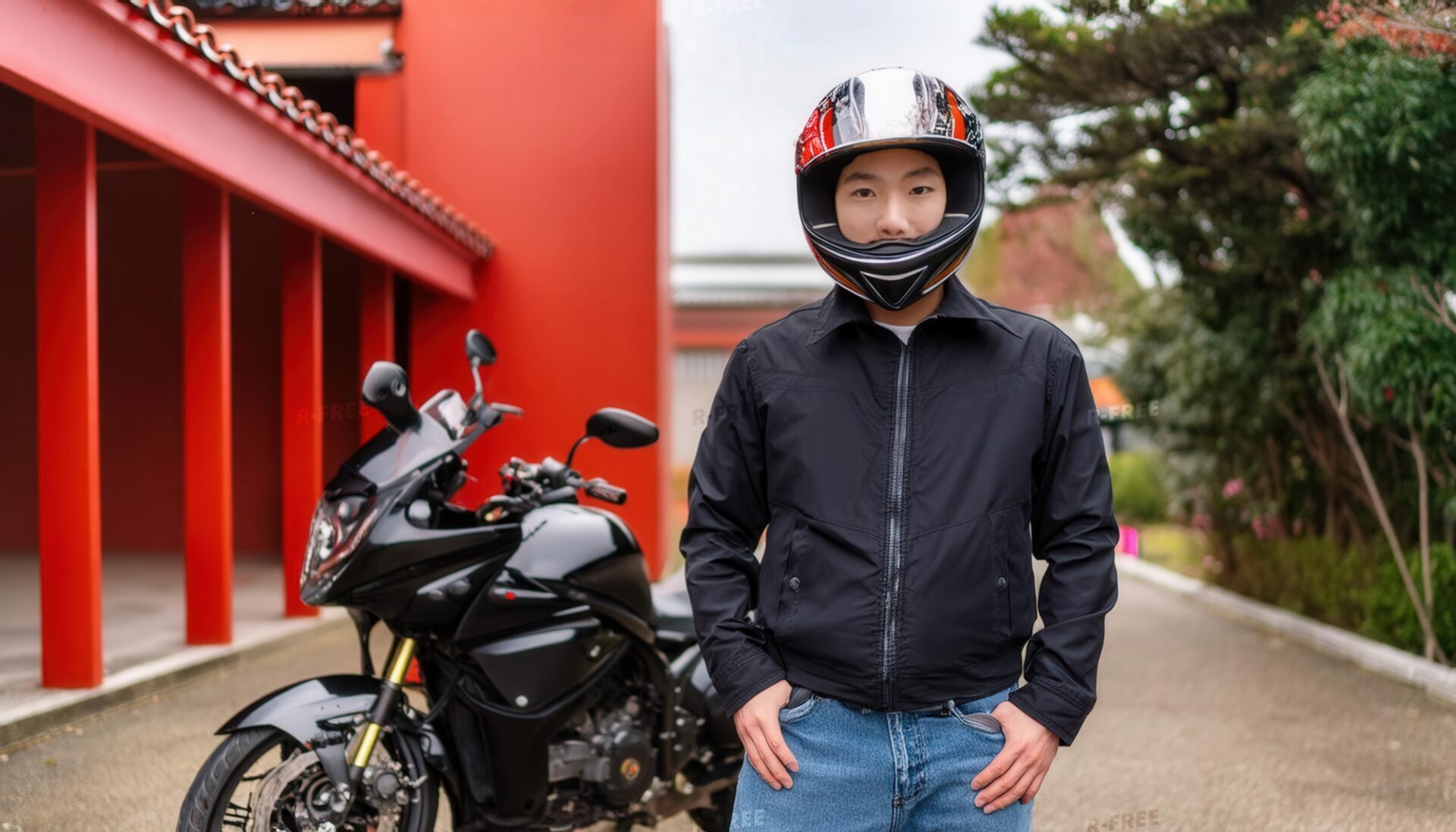 赤い建物の近くでバイクとヘルメットを持つ男性