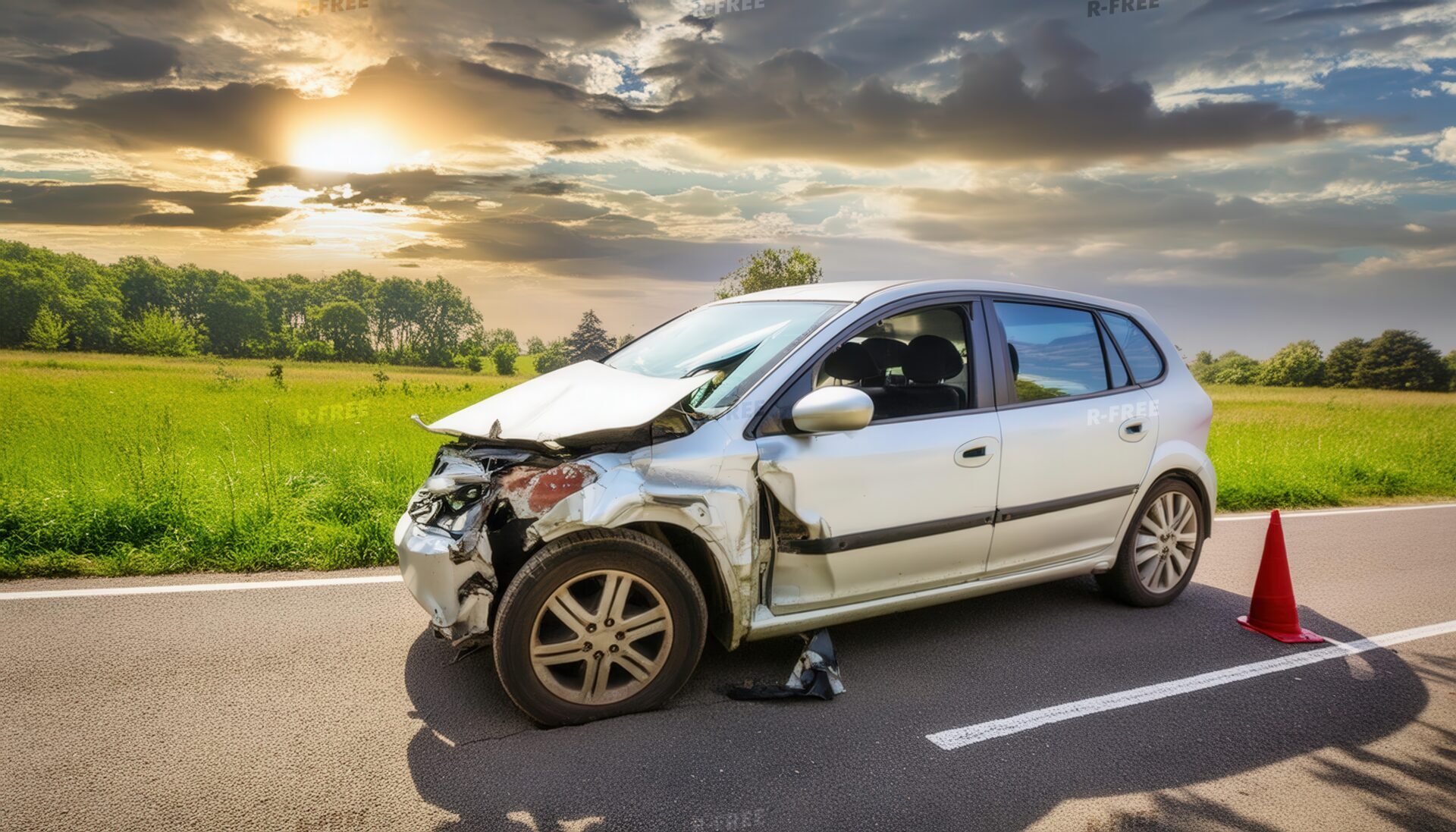 夕焼けの中の事故車