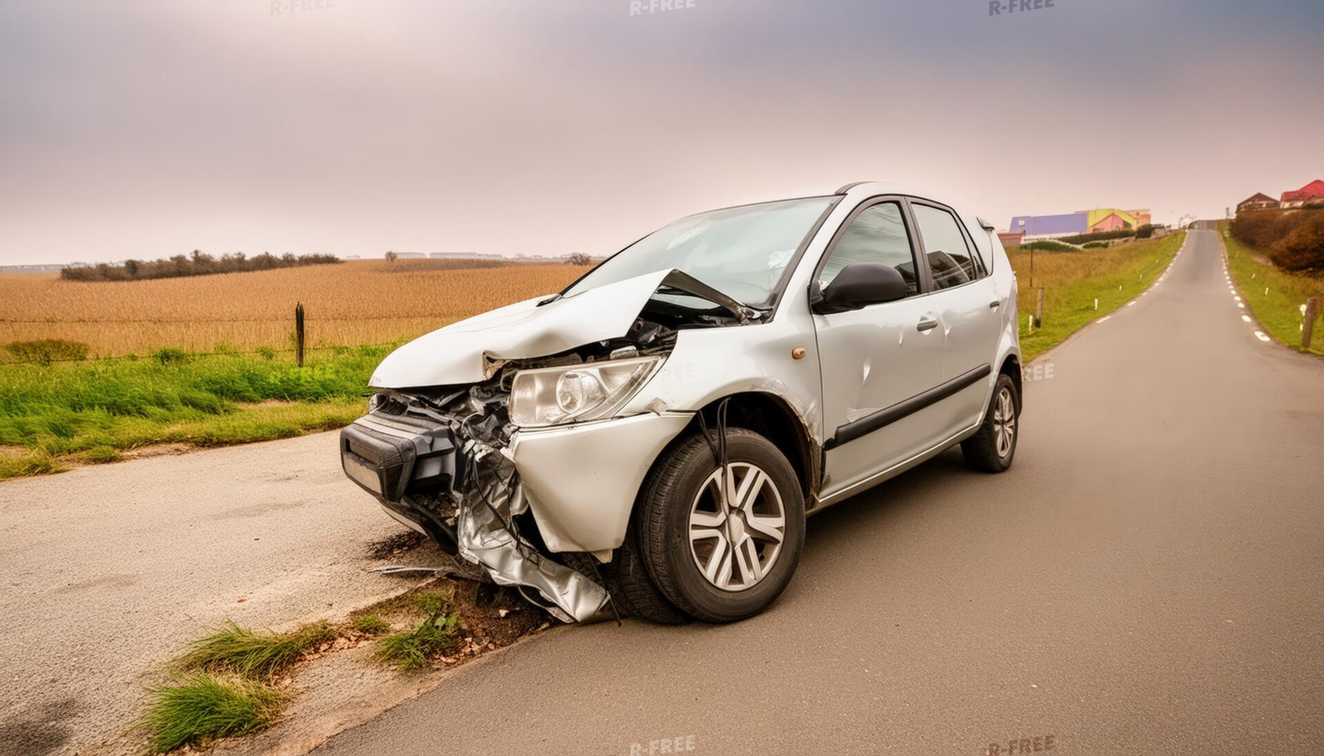一本道を望む低い視点の前面が破損した車