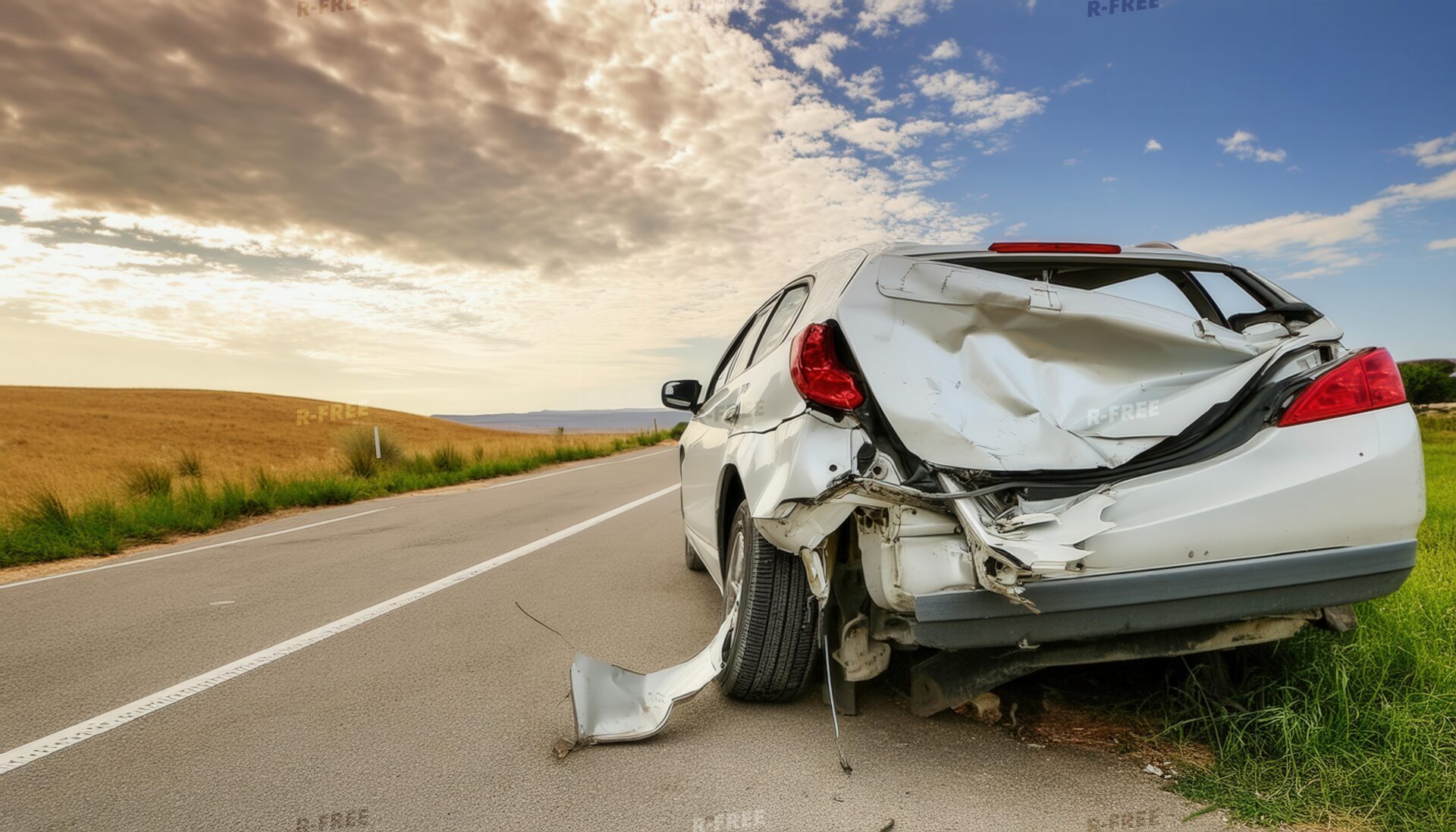 粉砕したリアガラスの前面が破損した車