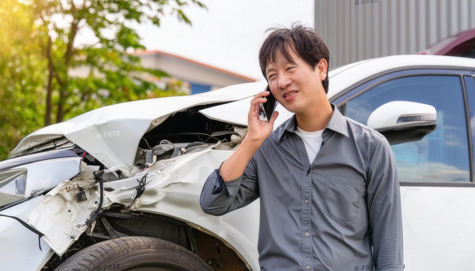 車の事故で通話する男性