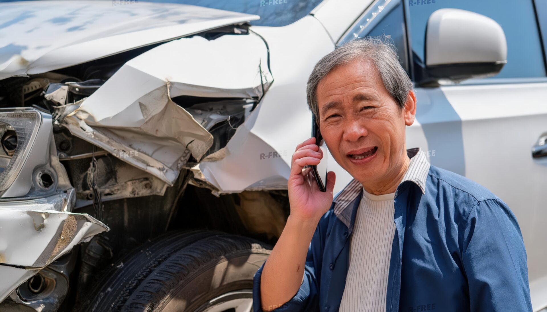 車の事故で通話する高齢の男性