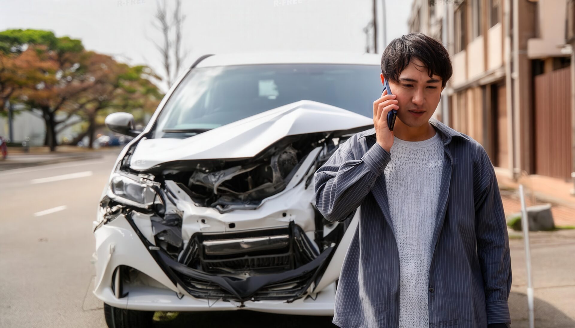 車の事故で通話する若い男性